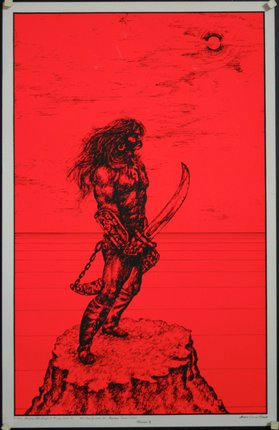 a red poster with a man holding a sword