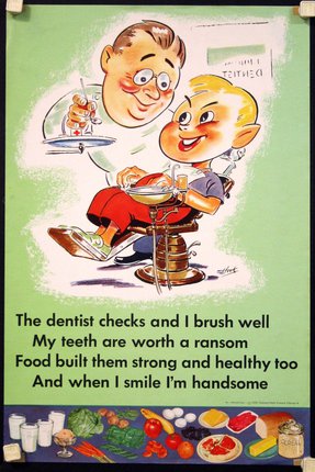 a poster with a boy sitting in a chair and a man holding a tray of liquid
