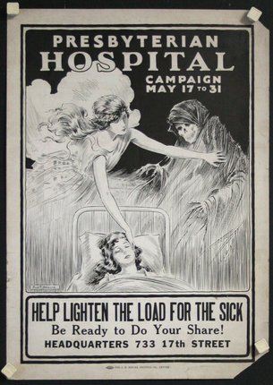 a black and white poster of a woman in a hospital bed