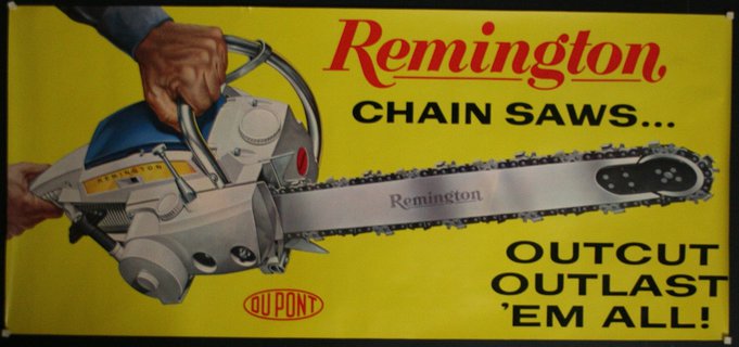 a yellow sign with a hand holding a chain saw