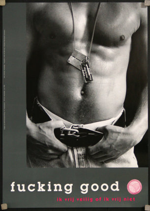 a poster of a man with a belt and tags