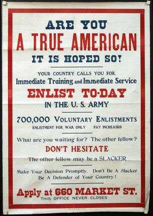 a poster with red and blue text