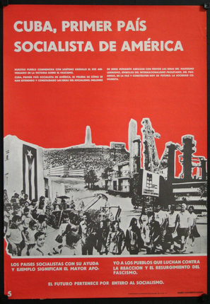 a poster with a group of people walking on a red background