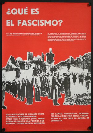 a red and white poster with black and white images