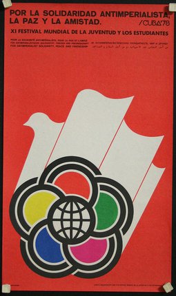 a red and white poster with a logo