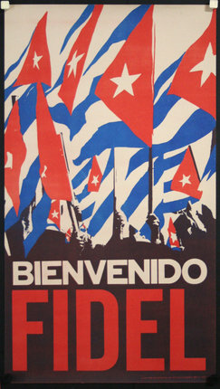 a poster with red and white flags