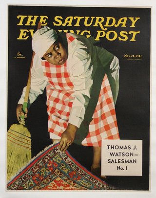 a black woman sweeping smoething under a carpet on a magazine cover