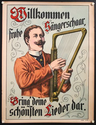a poster of a man playing a harp