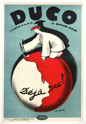 a poster of a man on a red and white circle