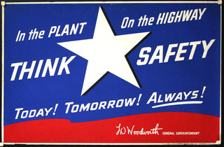 a blue and red sign with white text and a star
