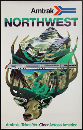 a poster with a train and mountains