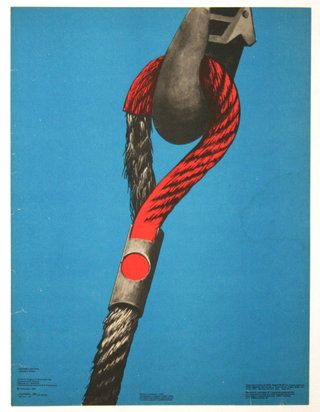 a poster of a crane with a red and black rope