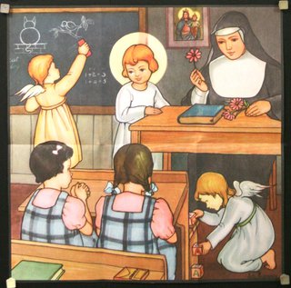 a painting of a nun teaching children