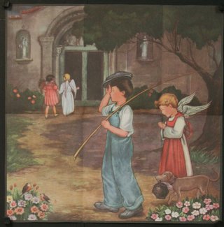 a painting of a boy and a dog