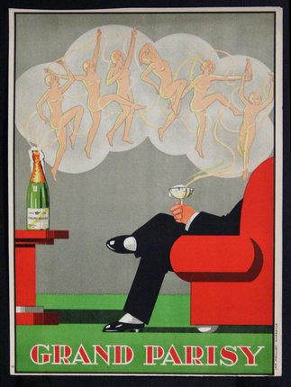 a poster of a man sitting in a chair with a glass of champagne