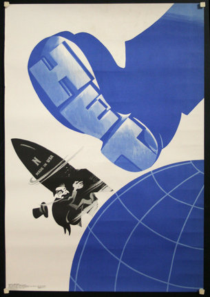 a poster of a rocket ship and globe