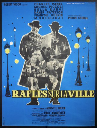 a blue and yellow poster with images of men and street lights
