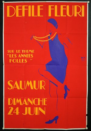 a red poster with a woman in a blue dress