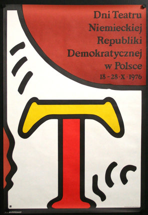 a poster with a red and yellow letter and a red circle