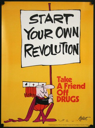 a poster with a cartoon character holding a sign