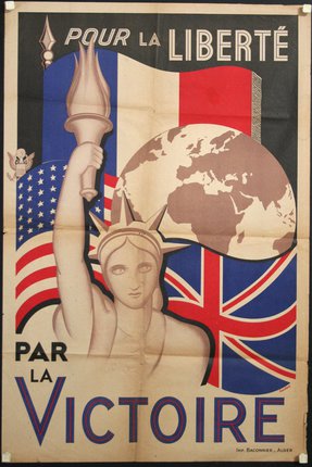a poster with a statue of liberty holding a torch