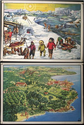a couple of posters with a landscape and a village