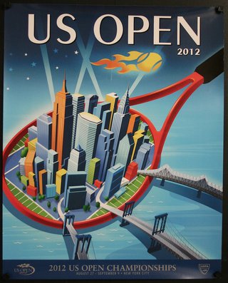 a poster with a city on a tennis racket