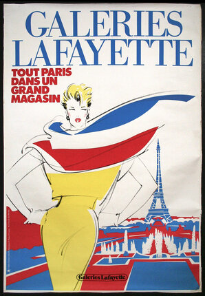 a poster with a woman in a yellow dress and red white and blue dress