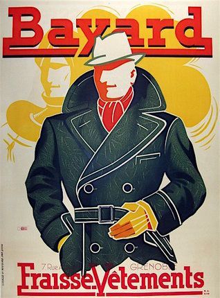 a poster of a man wearing a hat and coat