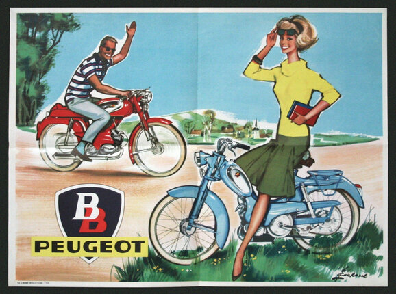 a poster of a man and a woman on motorcycles