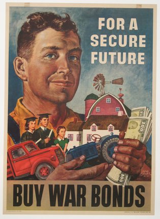 a poster of a man holding money and a farm