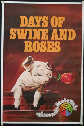a poster with a pig holding a rose