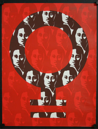 a red and black poster with a woman's face