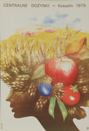 a poster of a person's head with wheat and fruits