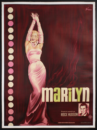 a poster of a woman (Marilyn Monroe) in a pink dress and long gloves with her arms raised