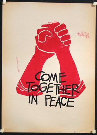 a poster with a red hands and black text