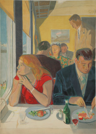 a painting of people eating in a train