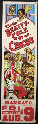 a poster with a man playing a stick with tigers