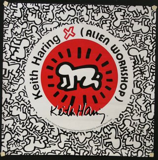 a poster with a red and white logo