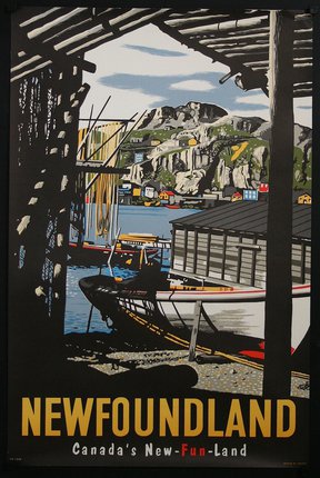 a poster of a boat on the shore