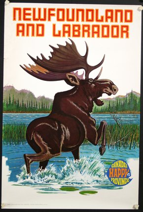 a poster of a moose running in water