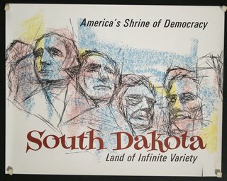 a poster with an illustration of the Mount Rushmore sculpted president faces in rock