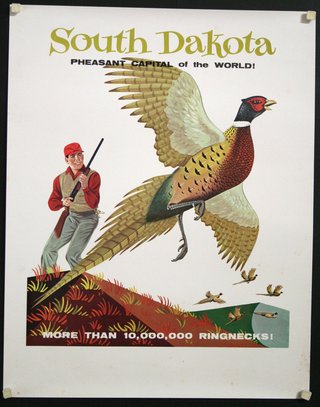 a poster with a pheasant and a man
