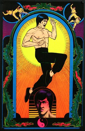 a poster of Bruce Lee performing karate