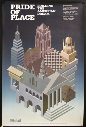 a poster with a building and a chessboard