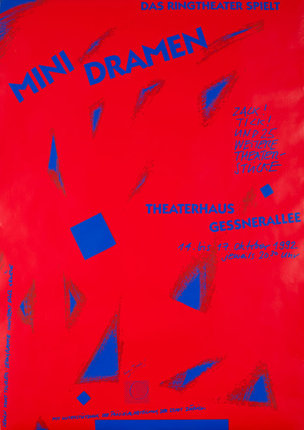 a red poster with blue triangles and white text