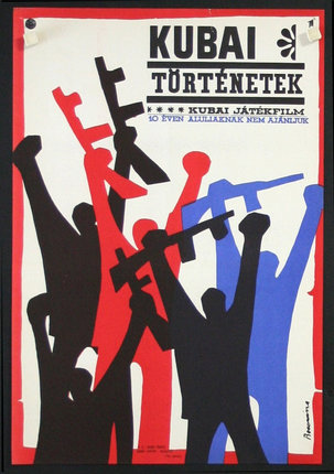 a poster with silhouettes of people holding guns