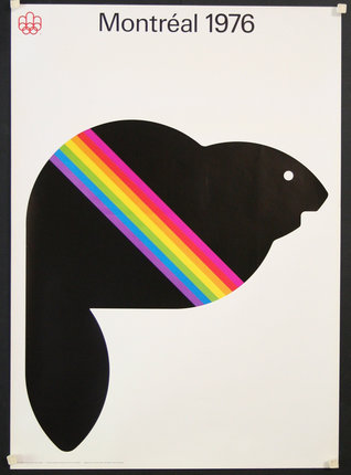 a black and white poster with a rainbow stripe