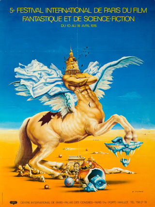 a poster of a horse with wings and a tower on its back