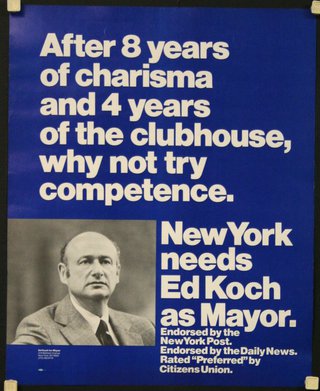 a blue and white poster with a man in a suit